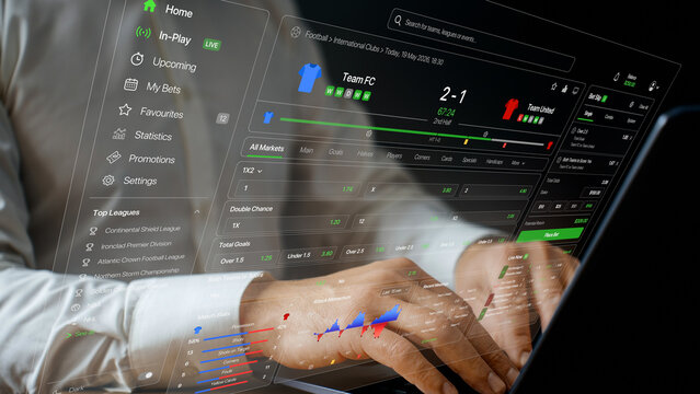 Live in-play sports betting app, online football match odds and wagering, sportsbook platform interface, real-time bet slip, gambling and risk concept on laptop screen