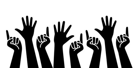 Fototapeta premium Hands Raised Set with Peace and Victory Signs in Black and White Featuring Silhouette, Protest, Unity with Solidarity and Demonstration Elements For