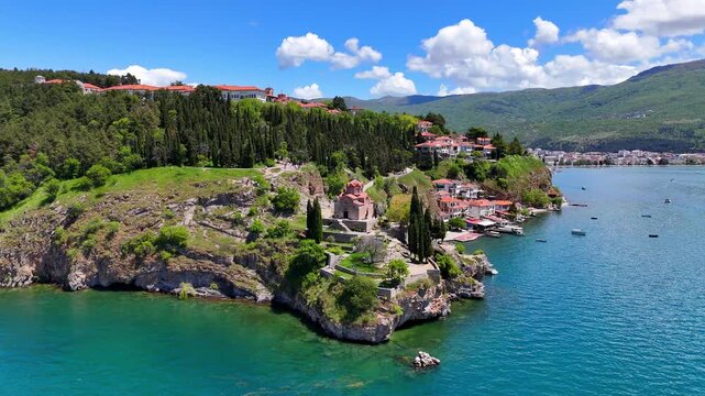 Aerial drone view of the Church of Saint John Kaneo in the town of Ohrid on Lake Ohrid, North Macedonia. Orthodox church, one of the most famous landmarks in Ohrid.