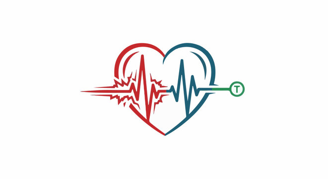Stylized heart with EKG line, split red and blue, with a green circle and letter T