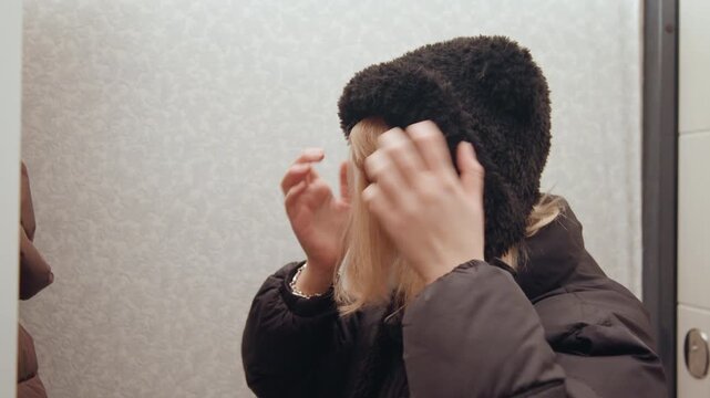 Blonde woman ready for cold winter journey. Securement of hood strings prior to outdoor winter travel. White woman ensuring her furlined hood is properly adjusted for winter commute