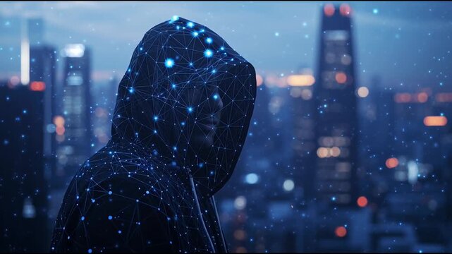 Hacker are planning to hack and attack networks and cyber security systems and stands on the peak of success amid tall, innovative Smart city and graphs with statistics to analyze business potential
