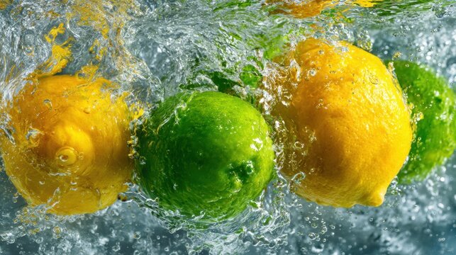 Lemons and limes splashing into clear water with dynamic droplets
