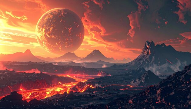 Fiery Alien Landscape with Lava Flows and Distant Planet.