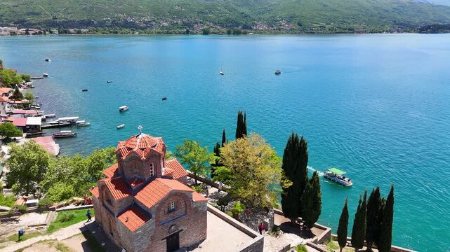 Aerial drone view of the Church of Saint John Kaneo in the town of Ohrid on Lake Ohrid, North Macedonia. Orthodox church, one of the most famous landmarks in Ohrid. 