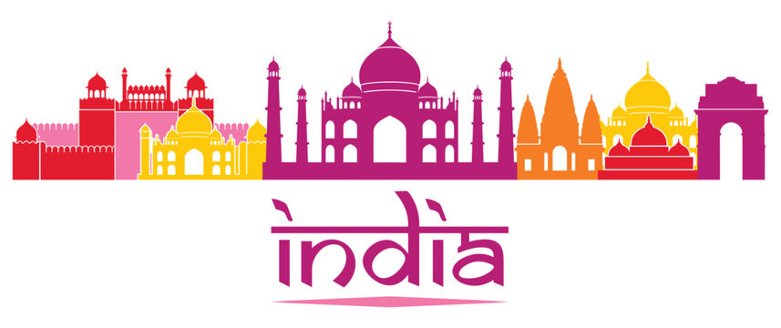 Silhouette skyline of famous india landmarks and monuments.