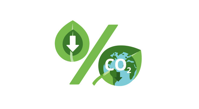 Green percentage sign featuring a downward arrow and an Earth globe with CO2 text for environmental impact reduction concept.