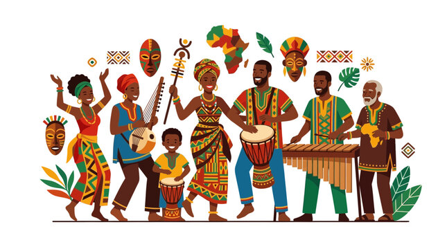 Group of African People Celebrating with Traditional Music and Dance.