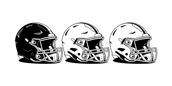 Helmet football icon set with American football helmets in black and white outline style featuring protective gear, grid iron, game day with