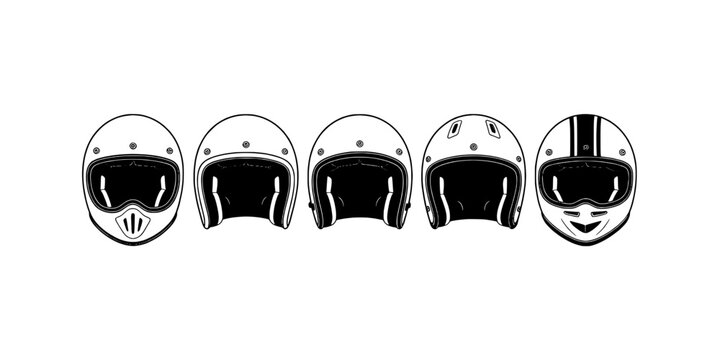 Helmet motorcycle icon set with front view outlines, black visor shading and thin line details for safety branding