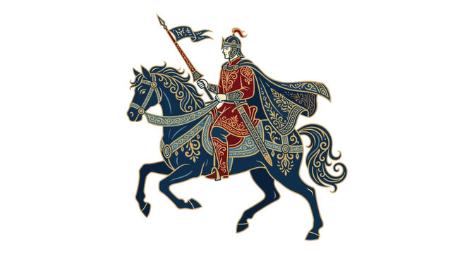 Illustration of a medieval knight riding a horse in decorative armor.