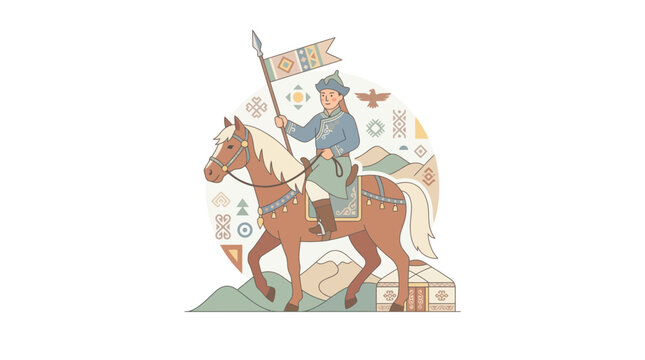 Illustration of a nomadic Mongolian warrior riding a horse with a spear.