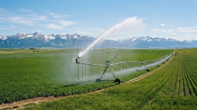 Large pivot irrigation system watering crop field with mountains.