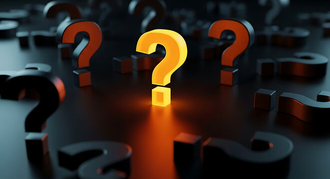 Bright glowing yellow question mark surrounded by dark grey question marks with question solution uncertainty decision business innovation thinking strategy intelligence knowledge