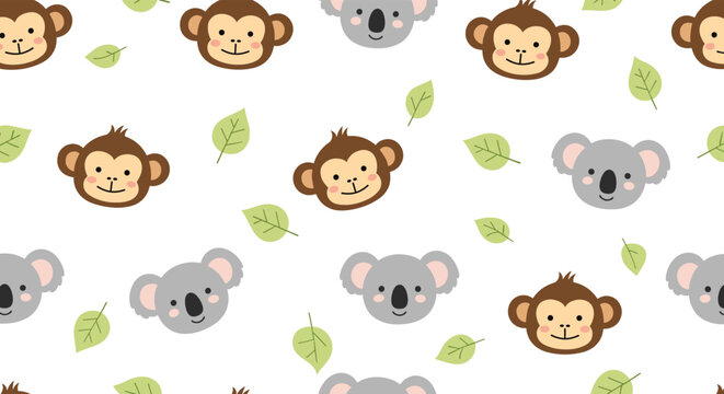 Adorable seamless pattern showcasing cute monkey and koala faces with green leaves on a white background for kids.