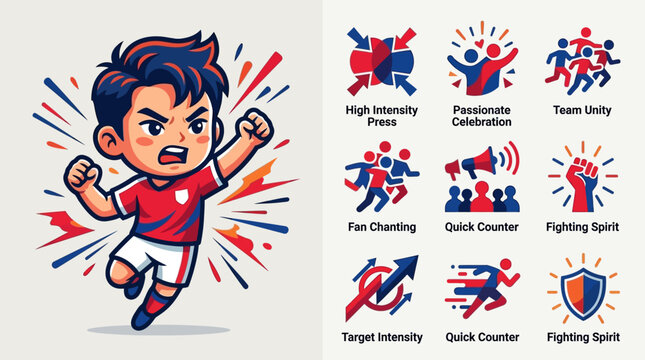 Dynamic South Korean chibi soccer player in red and blue kit with heroic pose next to sports strategy icons for team unity, high intensity press, fighting spirit, and quick counter.