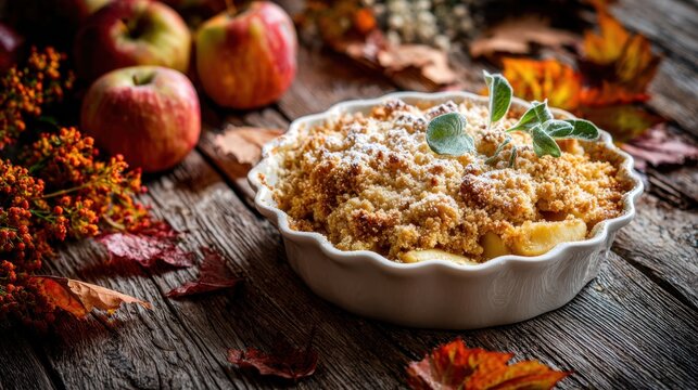 Autumn apple crumble dessert in white ceramic dish on rustic wooden table