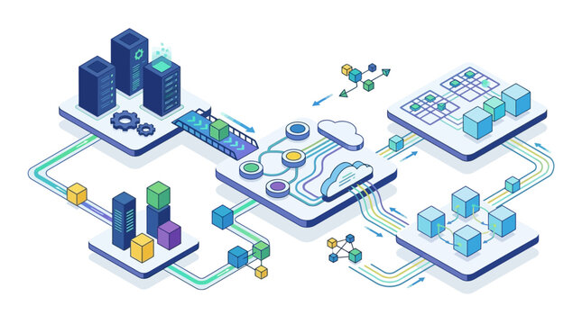 Isometric Illustration of Cloud Computing Network Infrastructure with Server Racks, Data Flow Pipelines, Digital Transformation, and Information Processing Technology Diagram