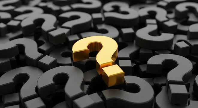 Single golden question mark surrounded by black question marks with question confusion uncertainty decision business solution challenge thinking strategy intelligence outstanding leadership