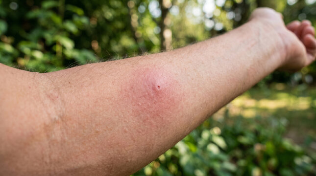 Swollen arm from bee sting in summer nature background, concept of Seasonal Summer Allergies  