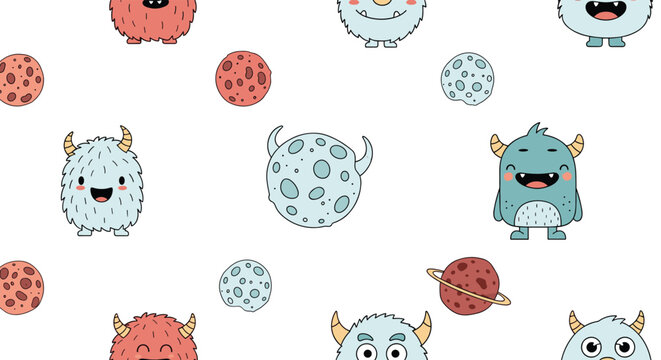 Whimsical space monster pattern features various colorful hairy creatures among cratered moons and ringed planets on white.
