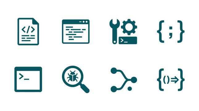 Set of programming and coding icons representing various aspects of software development