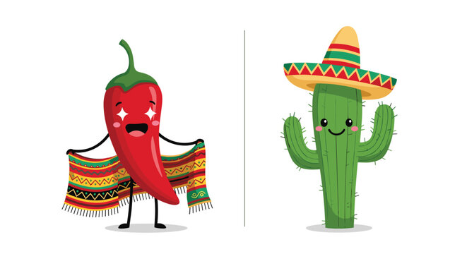 Fun Mexican themed duo includes a smiling red chili pepper with star eyes wearing a poncho and a cute green cactus in a sombrero.