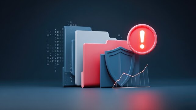 Data folders secured by shield, with alert, graph, and binary code