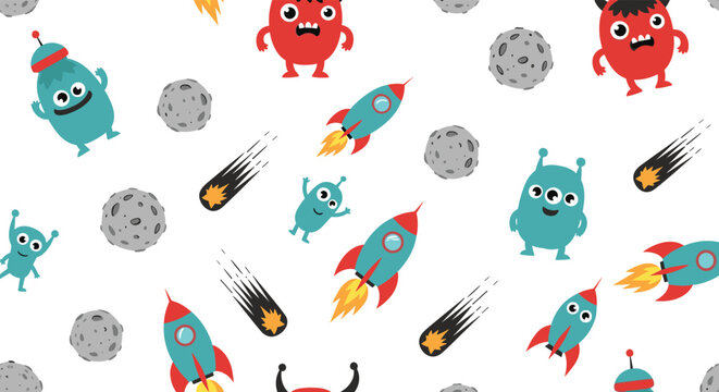 Playful outer space seamless pattern with cute colorful monsters, speeding rockets, rocky asteroids and glowing comets on a white background.