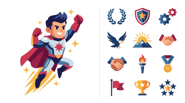 Flat vector illustration featuring a chibi superhero flying with a red star on his chest, including a set of achievement icons like a laurel wreath, trophy, and gold medal.