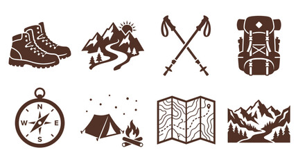Hiking gear and outdoor symbols including boots, mountains, compass, and map, ideal for adventure themes © Payu