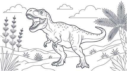 Coloring book page illustration featuring mighty dinosaur. © NAZMA