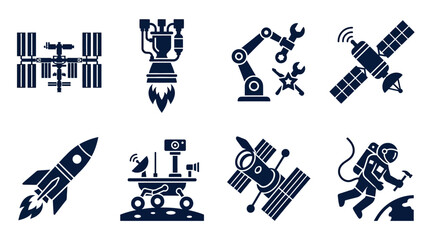 Illustrations of space exploration elements including rockets, satellites, and astronauts engaged in various activities © Payu