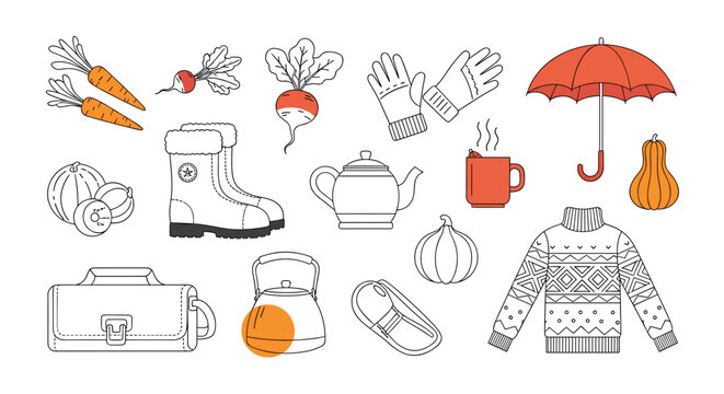 Cozy autumn and winter collection set featuring root vegetables, warm clothing, an umbrella, a tea kettle and a mug of hot drink for cold days.