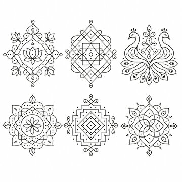 Traditional Tamil kolam geometric rangoli pattern vector set &mdash; 6 intricate dot-grid designs with lotus and peacock motifs on transparent background