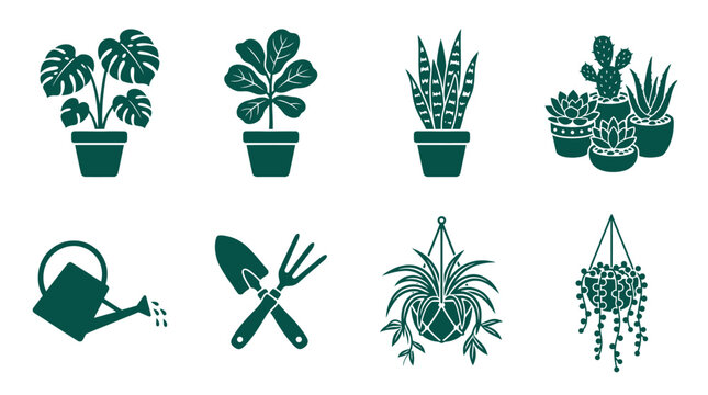 Set of decorative houseplant and gardening tool vector icons.