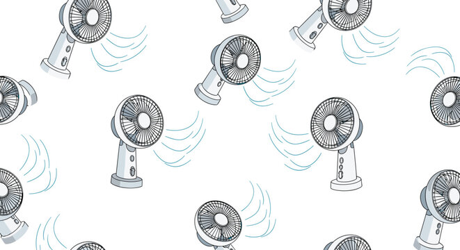 Repetitive pattern of white electric desk fans blowing a cool breeze illustrated in a clean and modern style for a fresh summer theme.