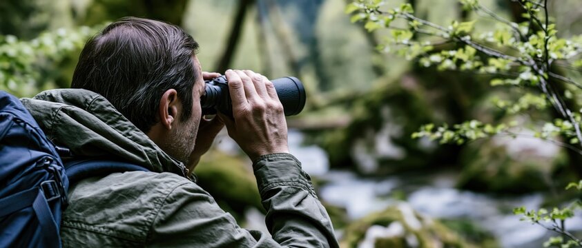 A passionate nature enthusiast uses binoculars to observe beautiful scenery in a lush forest, appreciating the beauty of the outdoors and the wonder of the natural world.