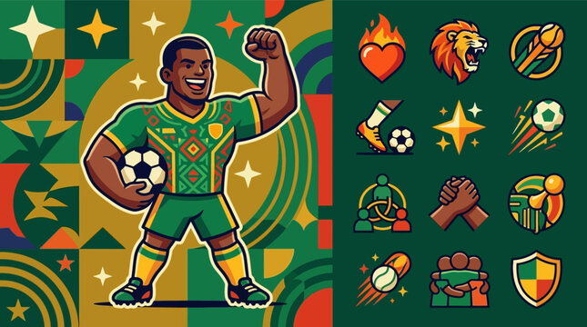 Vector illustration of an African football player in a green patterned kit celebrating with a soccer ball, accompanied by icons representing a lion, team unity, and sports victory.