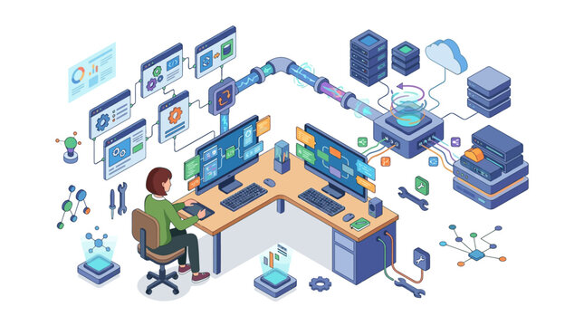 Isometric illustration of a female developer at an L-shaped desk managing data pipelines, server hardware, cloud storage, and software code modules with flat geometric design.