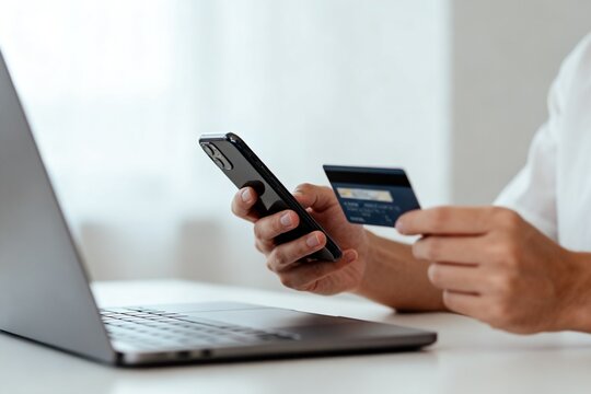 Person using phone and credit card near laptop