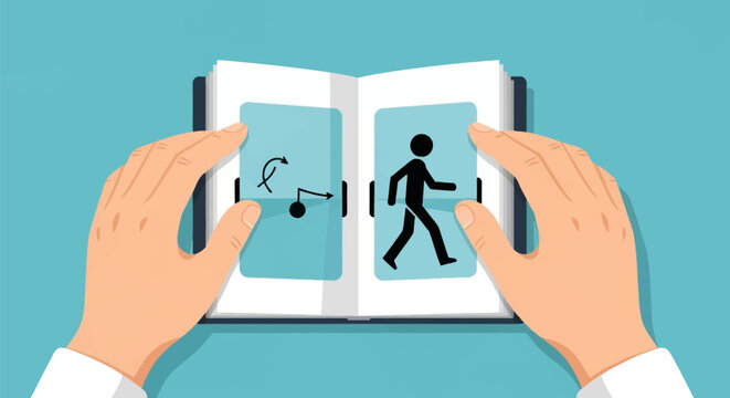 Vector illustration of human hands holding an open animated flipbook showing a walking person silhouette and motion direction arrows on a flat blue background, top down view.