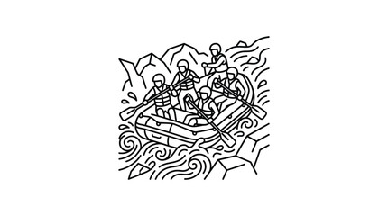 Group of people whitewater rafting in mountain river icon. © lindah