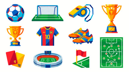 Soccer elements in cartoon doodle style. Sports equipment, soccer ball, sport uniform, soccer shoes, ball, soccer field. Sport stickers, labels, icons © Bagus