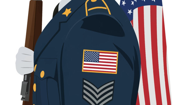 Close-up vector illustration of a US Army dress blue uniform featuring an American flag shoulder patch, sergeant rank chevrons, white gloves holding a rifle, and gold collar star.