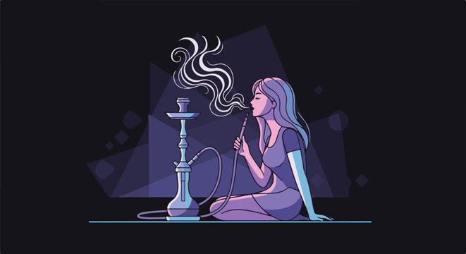 Woman smoking shisha, exhaling smoke, with abstract geometric shapes in background
