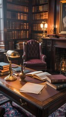 Naklejka premium Elegant vintage library office with leather chair wooden desk and warm lighting