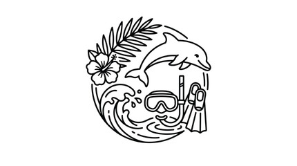 Dolphin and snorkeling equipment circular line art illustration. © lindah