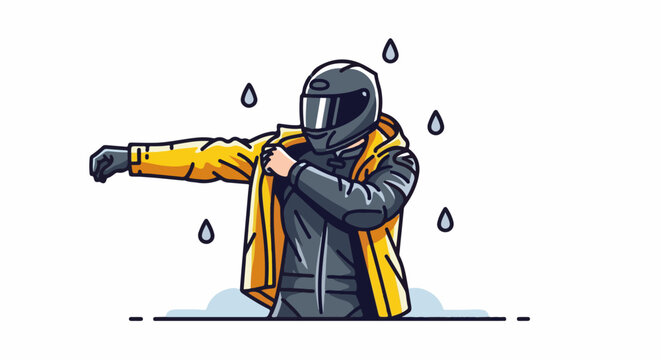 A person in a motorcycle suit and yellow rain jacket puts on gear while it rains