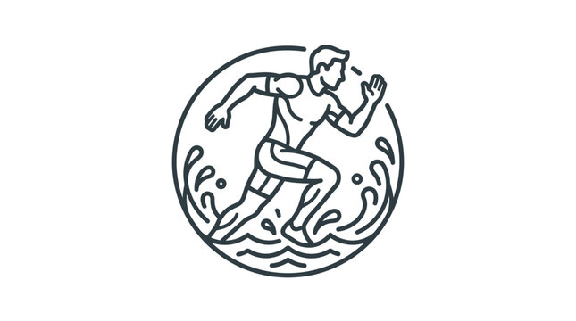 Man running through ocean waves line art icon.
